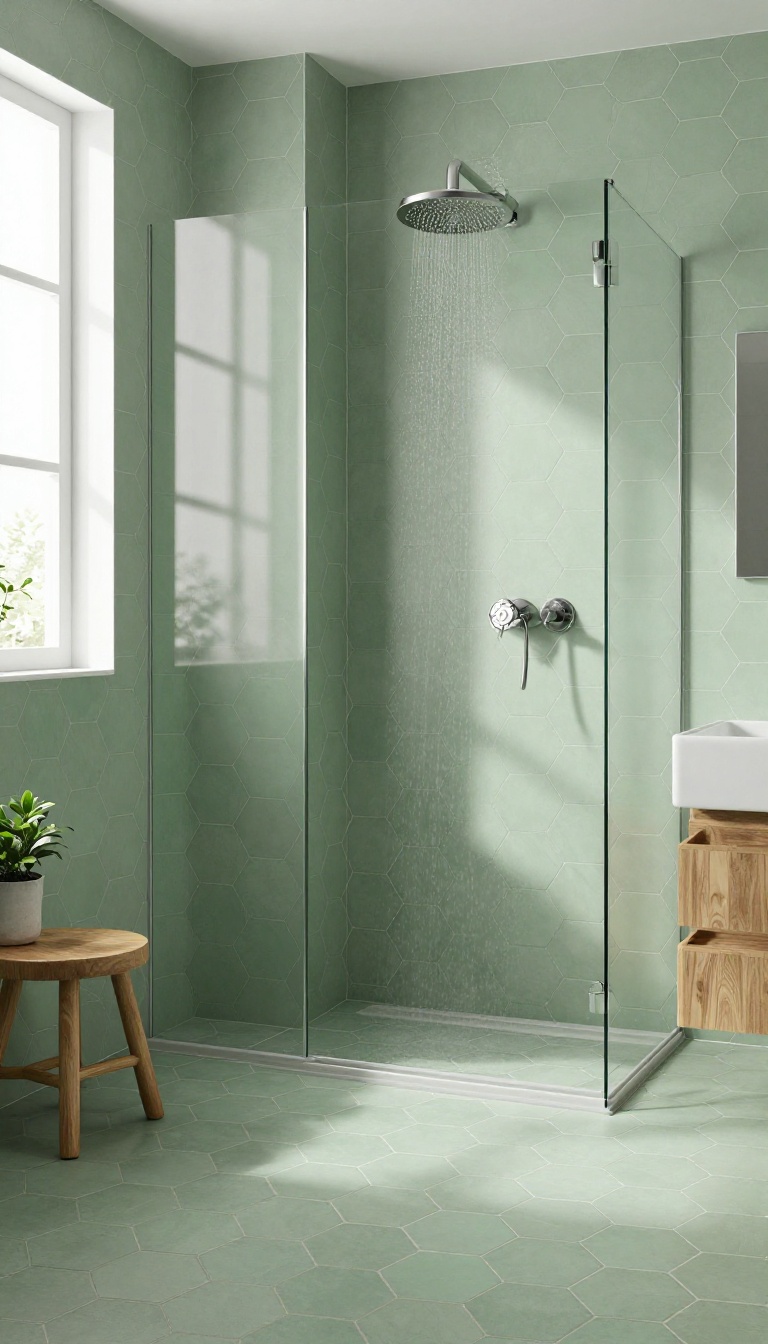 Bathroom with sage green hexagon tiles in a tub shower, matte finish, natural light, modern fixtures