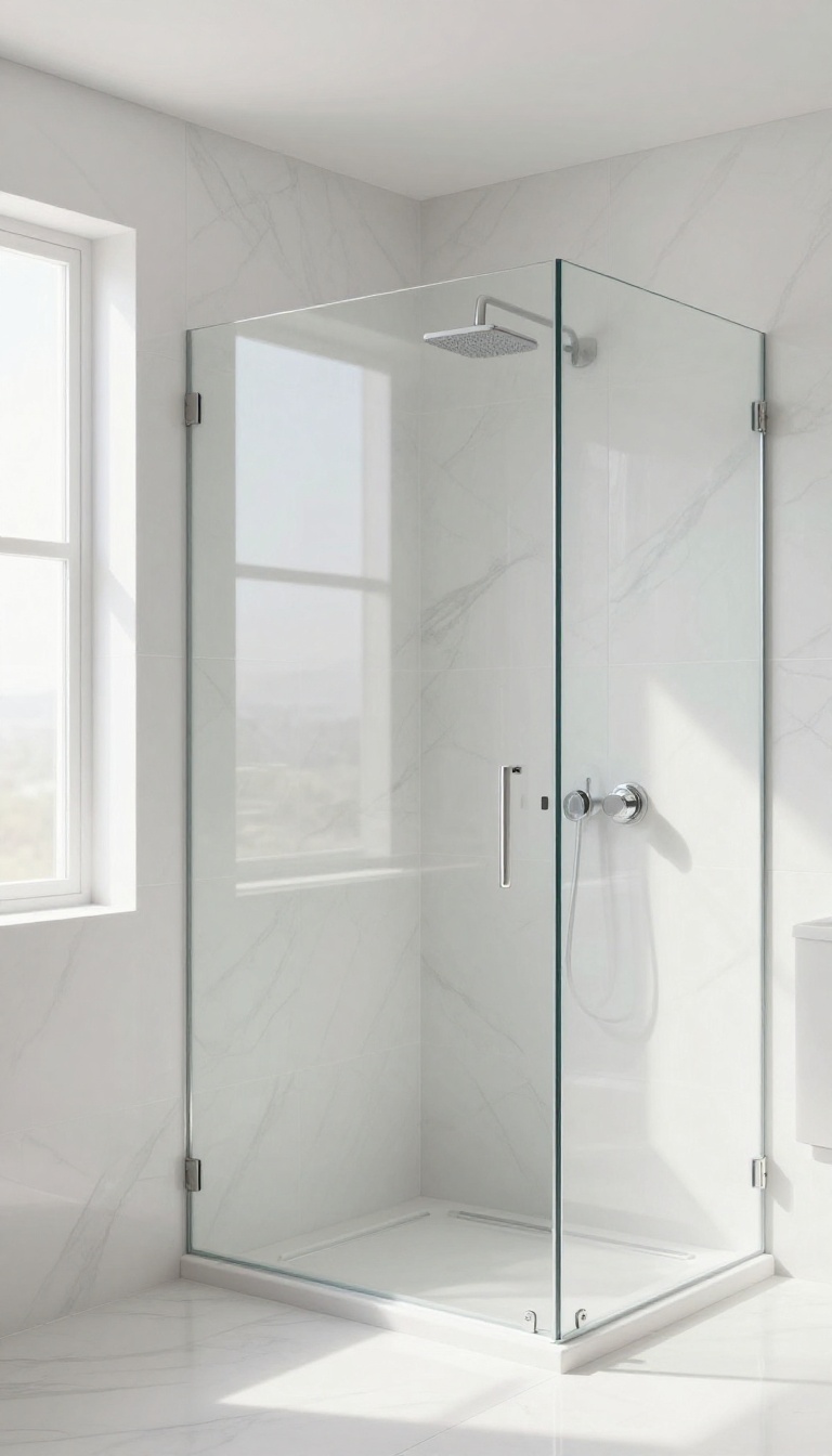 Sleek modern bathroom with seamless waterproof wall panels in the shower, featuring a glossy white marble-look finish and bright natural light.