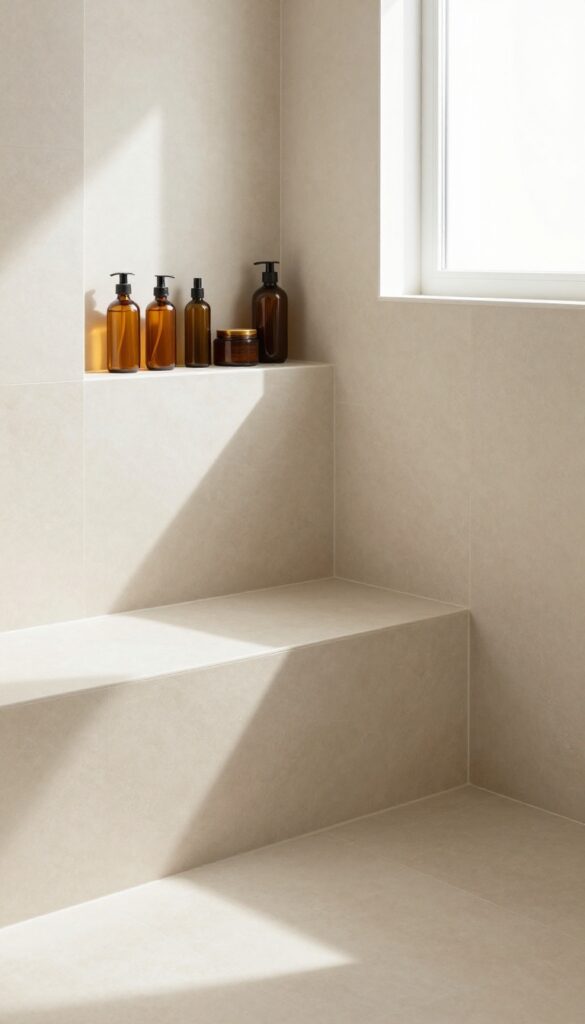Modern bathroom shower with built-in tiled bench and recessed niche for storage