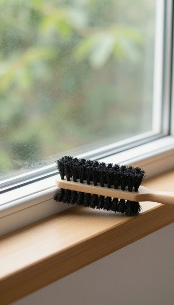 Stiff-bristled brush on a clean window track, with dust particles in the air, bright natural light, and a blurred outdoor background.