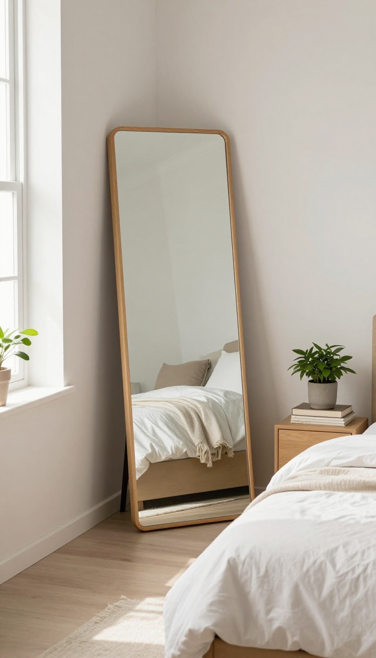 Full-length mirror in a bright guest bedroom near a closet, with a neatly made bed and natural light.