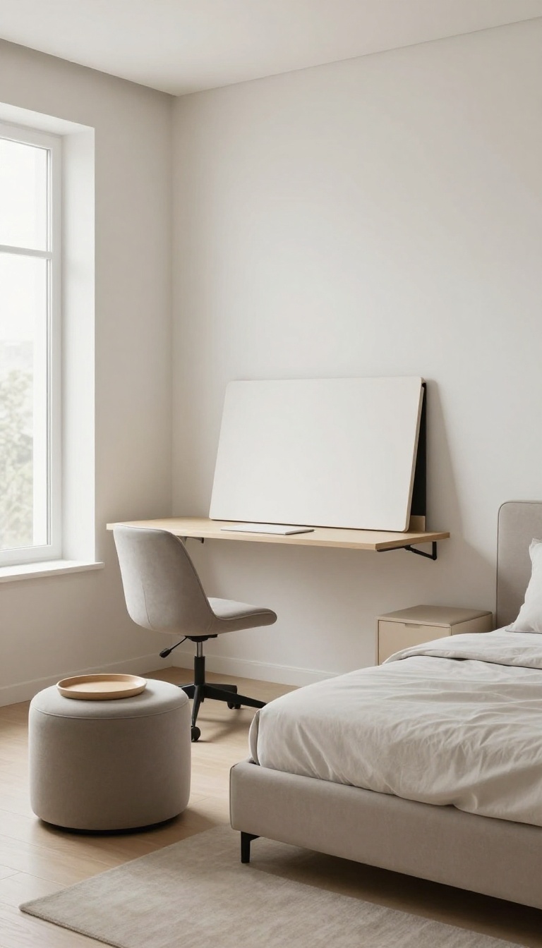 Modular furniture in a small home office guest room, with a foldable desk, storage bench, and ottoman, bright natural light