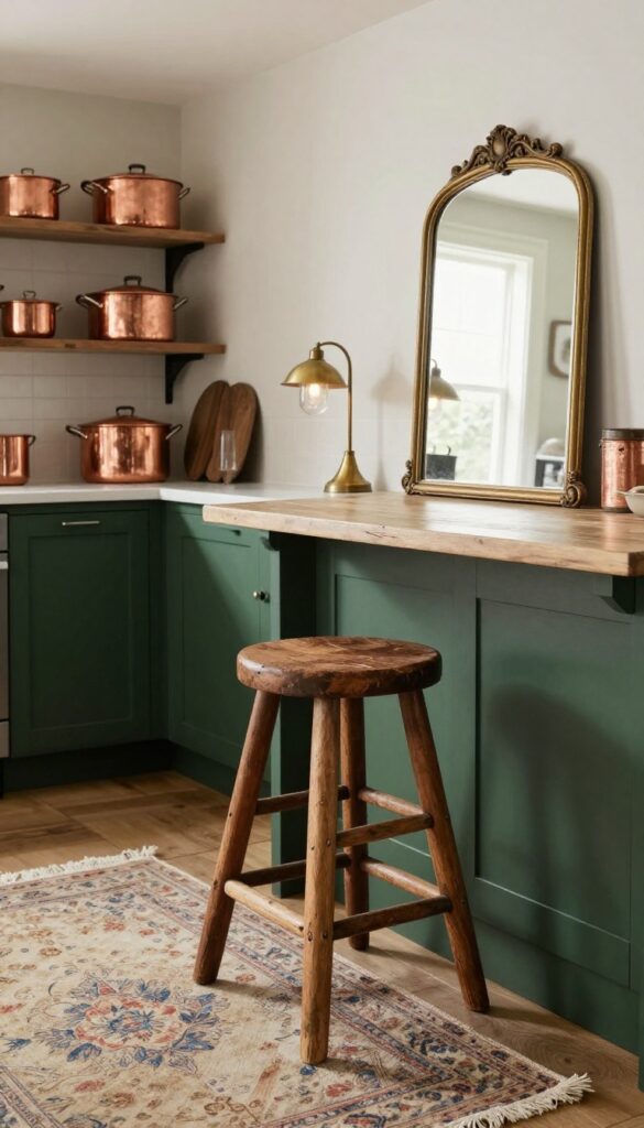 Moody kitchen with vintage wooden stool, antique mirror, and copper pots
