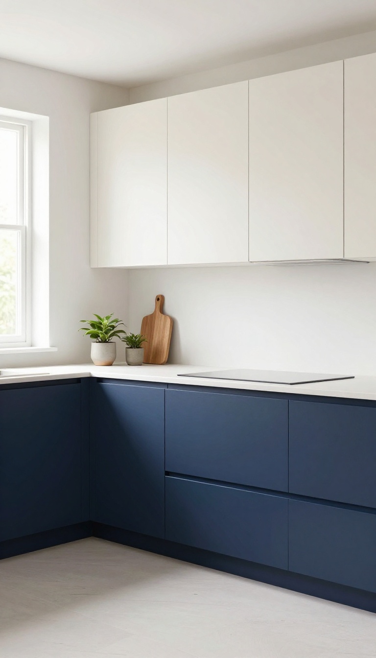 Two-tone kitchen cabinets with off-white upper cabinets and navy lower cabinets, bright natural light, clean and airy design