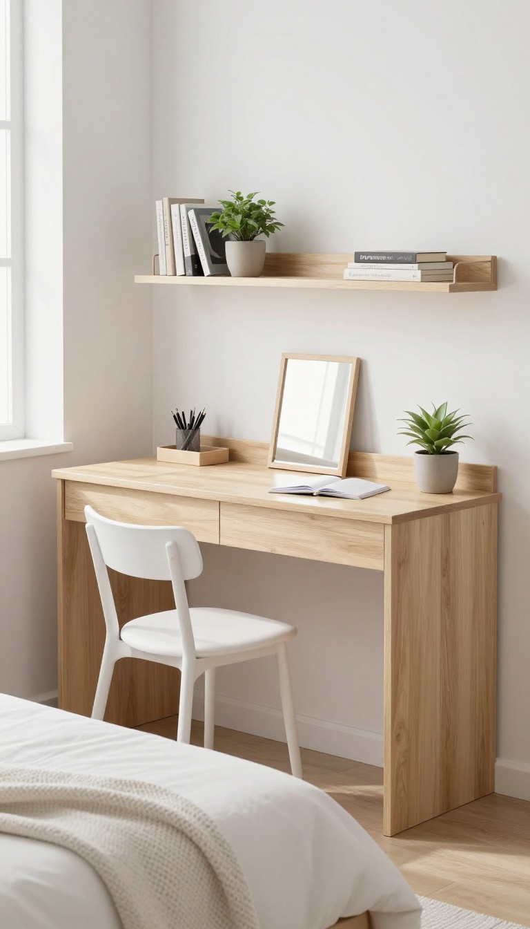 Small bedroom with a wall-mounted compact desk styled as a minimalist workspace, featuring a white stool, floating shelf, and natural light.
