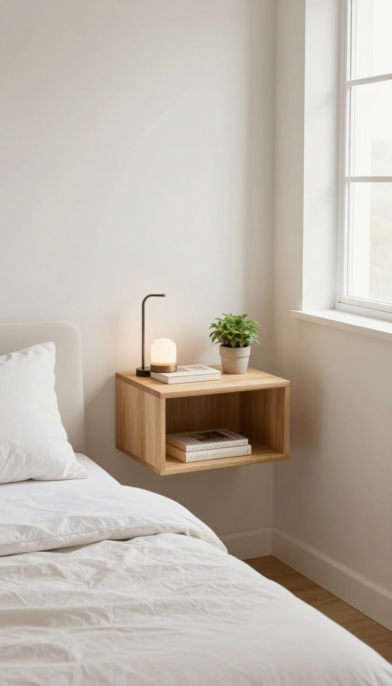 Floating nightstand mounted on the wall next to a bed in a small, bright bedroom