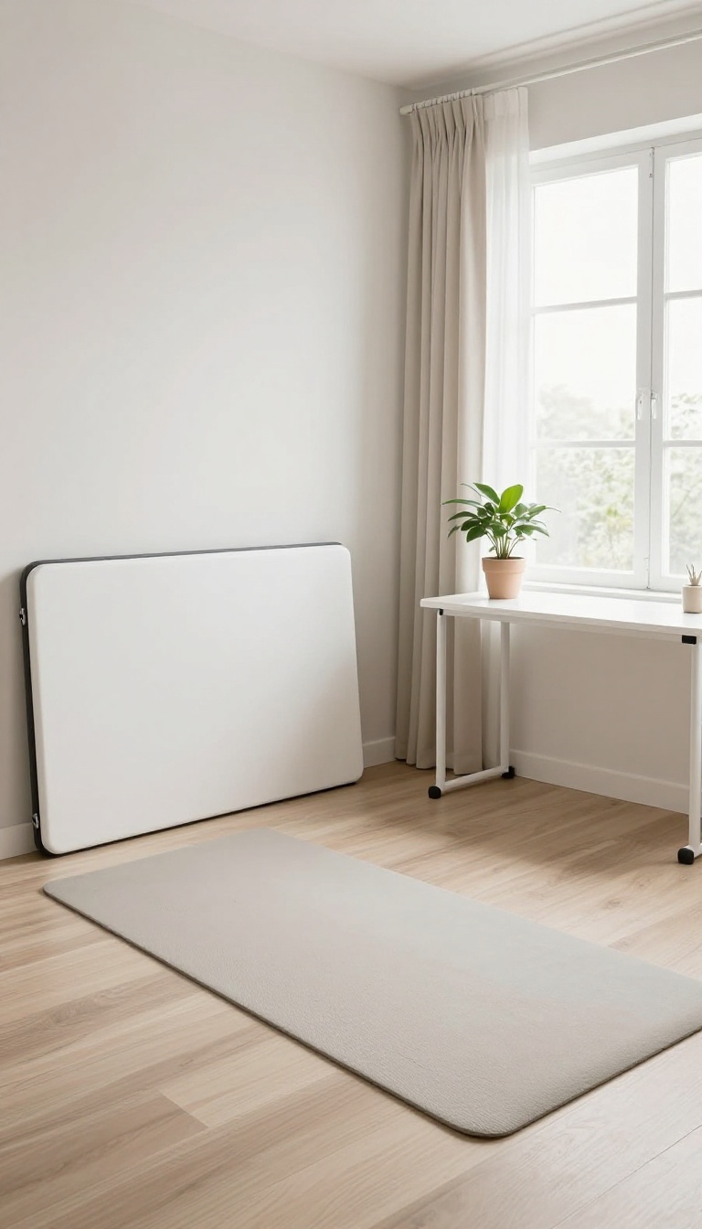 A small bedroom with a Murphy bed folded up, creating an open space for yoga and a desk, with natural light and minimalist decor.