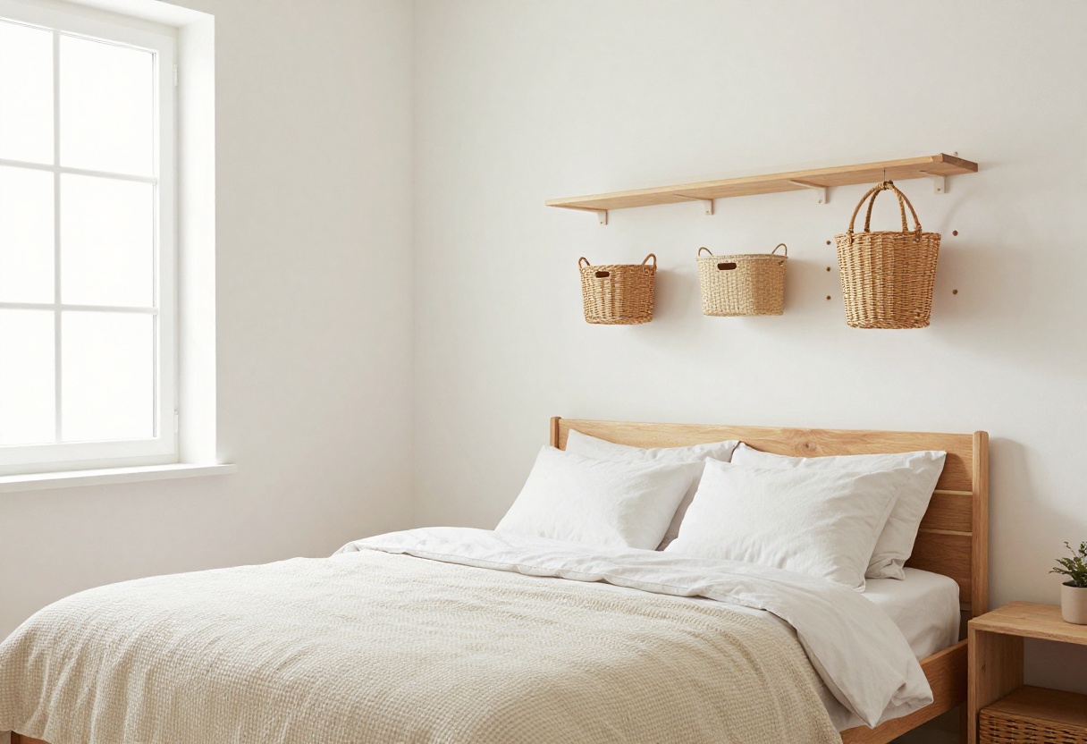 Organized small bedroom with floating shelves and pegboard