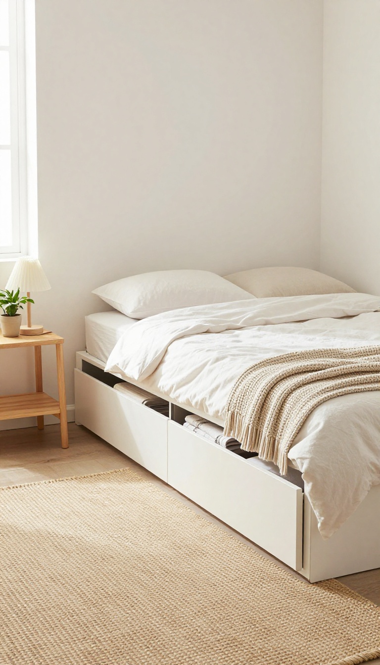 Small bedroom with platform bed and built-in drawers, neatly organized, bright natural light