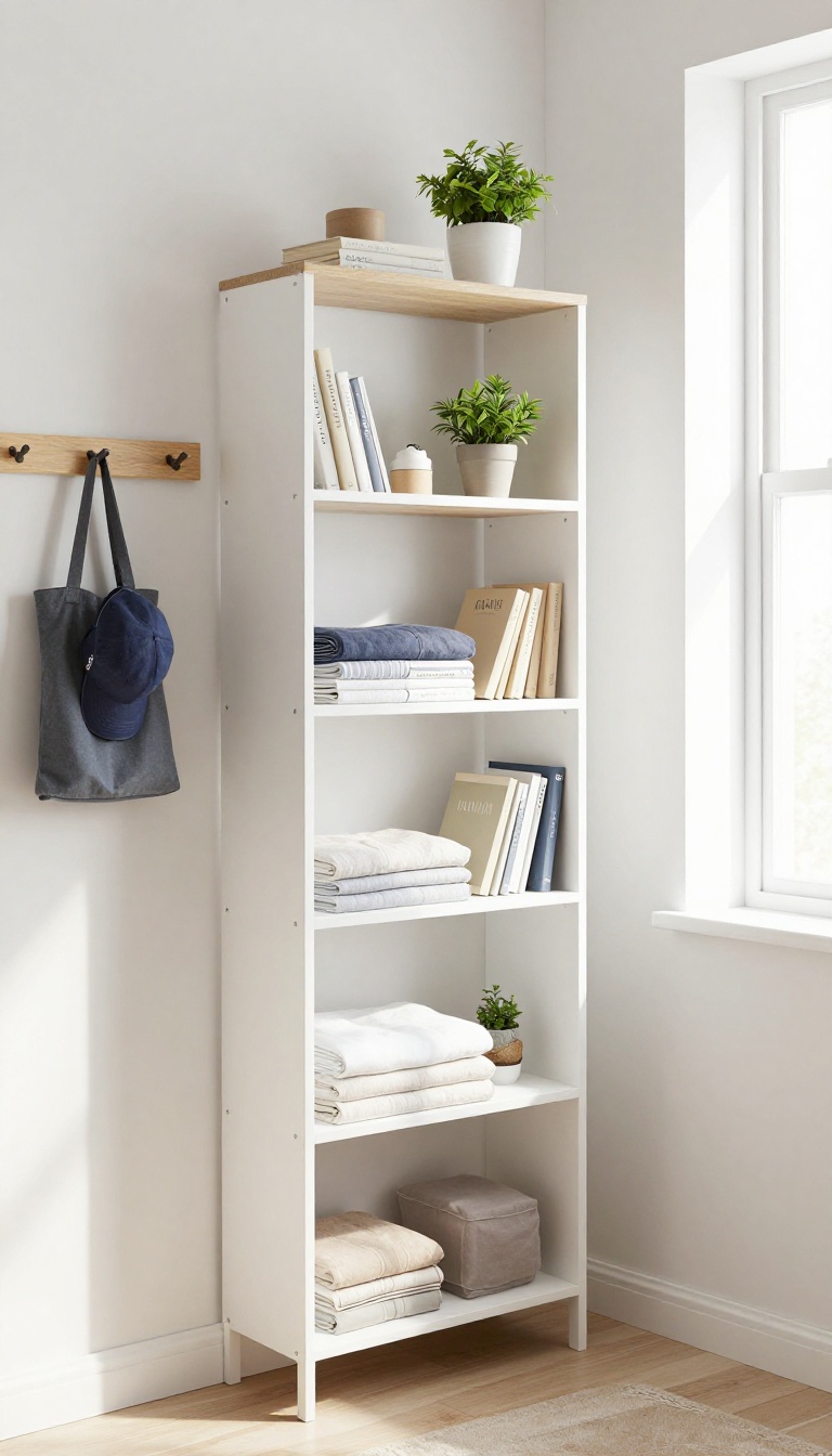 Small bedroom with vertical storage solutions: tall white shelves, floating shelves, and wall hooks, creating an open and airy feel.