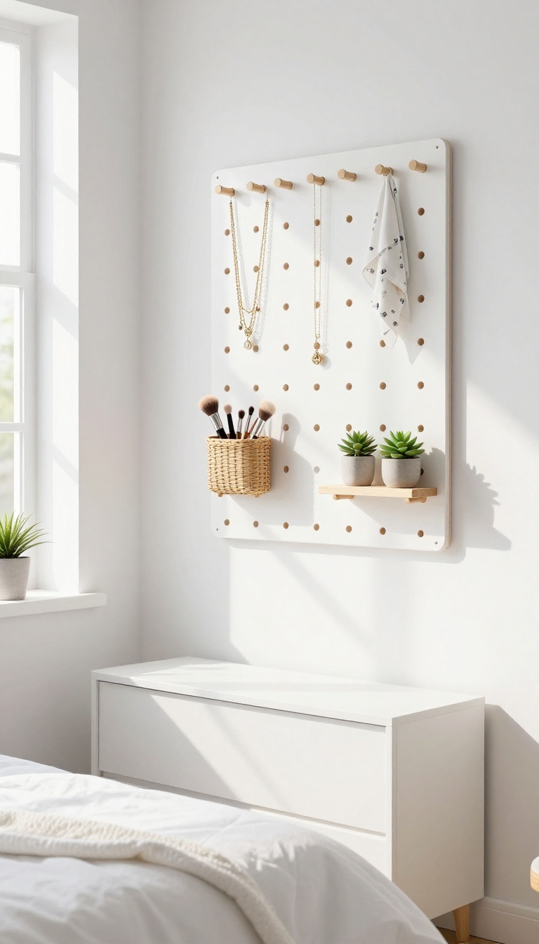 Small bedroom with a white pegboard on the wall holding jewelry, scarves, and a small plant above a dresser.