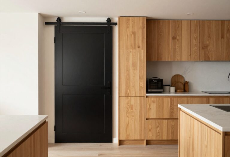 Modern kitchen entrance with a polished barn door