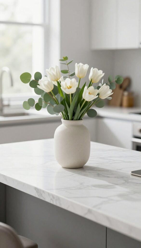 A vase with seasonal flowers or greenery on a kitchen countertop