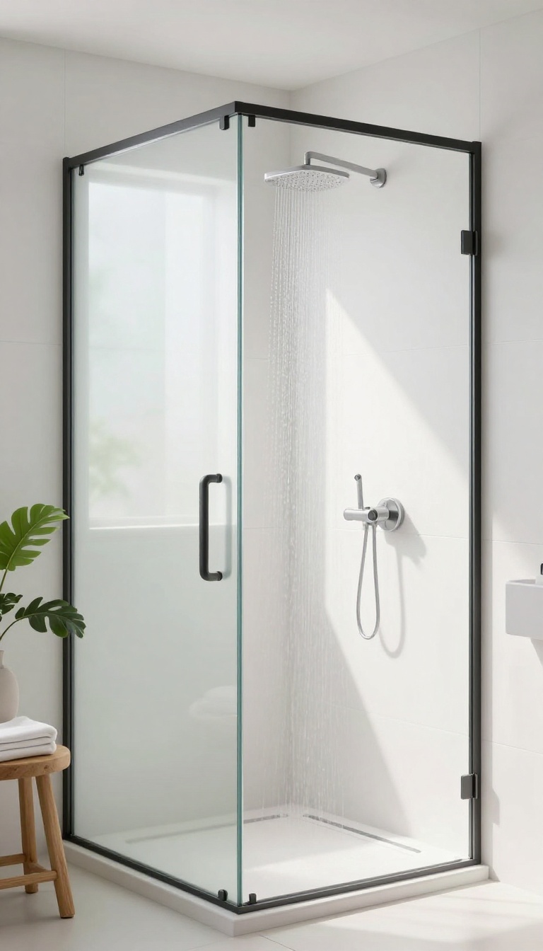 Frosted glass shower enclosure in a modern bathroom with natural light and minimalist design