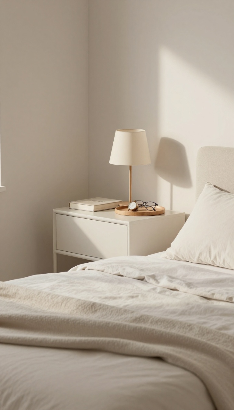 Minimalist cozy bedroom with uncluttered nightstand and soft natural light