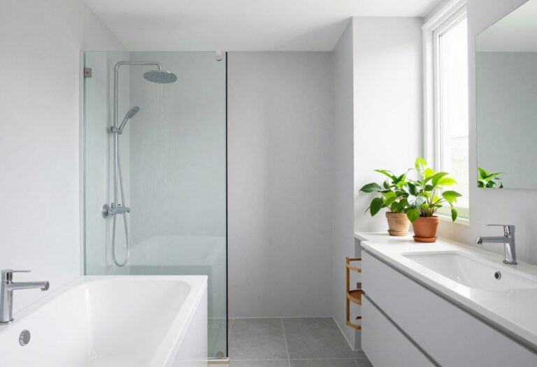 Modern small bathroom with shower over bathtub and glass screen