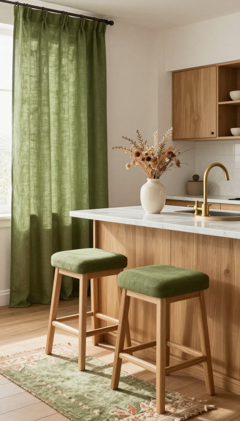 Cozy kitchen with olive green curtains, rug, and seat cushions