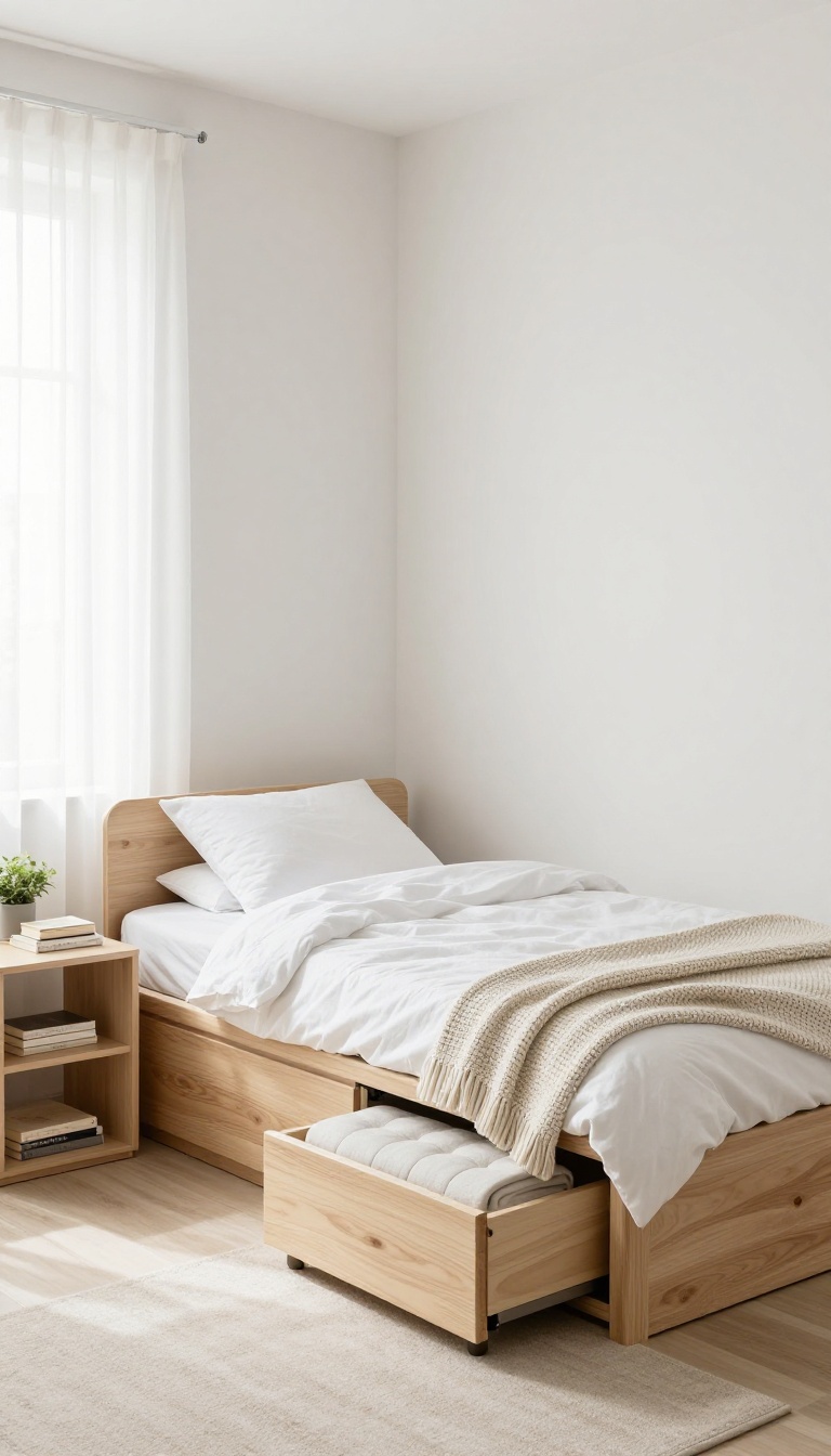 Small bedroom with multifunctional furniture including a storage bed, shelf nightstand, and storage bench.