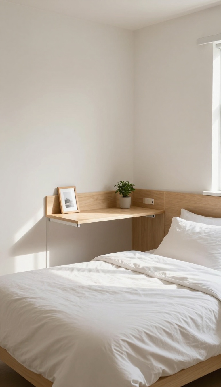 Small couple bedroom with a closed fold-down desk near a window, styled with a plant and framed photo.