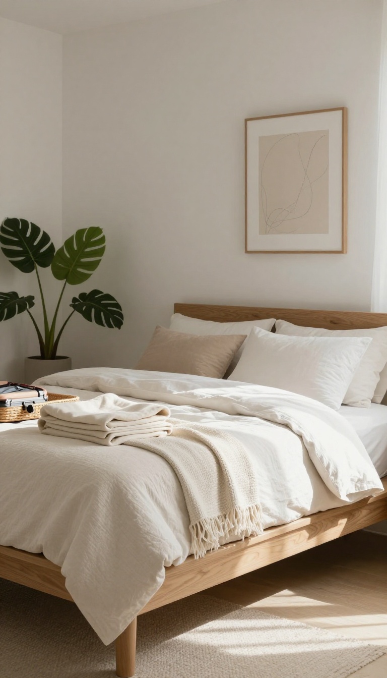 Guest bedroom with a wooden bench at the foot of the bed, holding an open suitcase and a folded blanket, in a soft collected style.