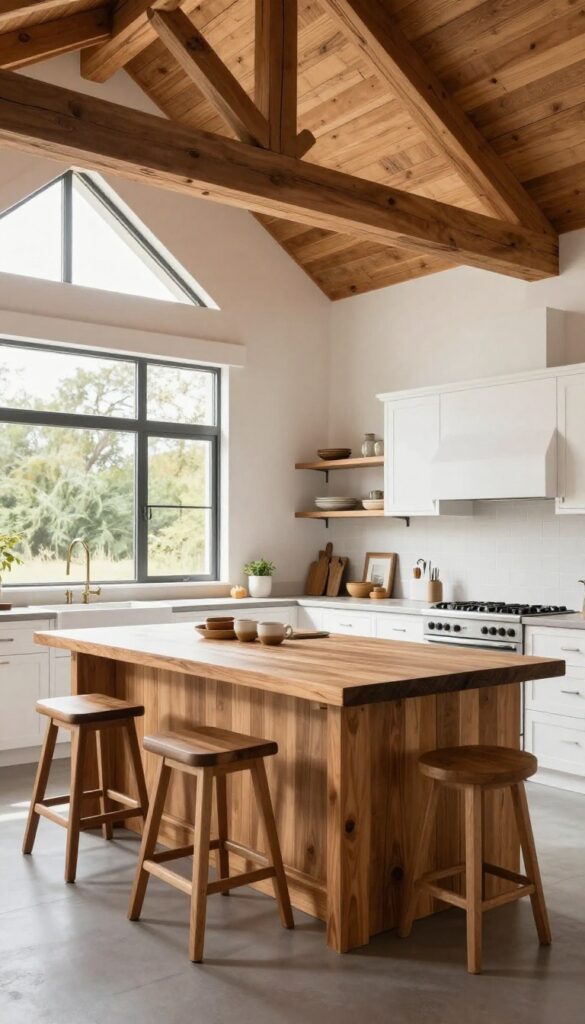 Large kitchen island with bar stools in a bright barndominium kitchen