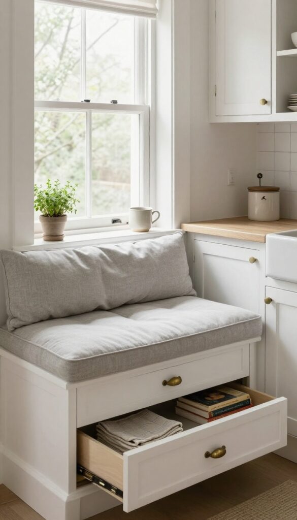 Kitchen window seat with storage drawers in a bright, cozy nook
