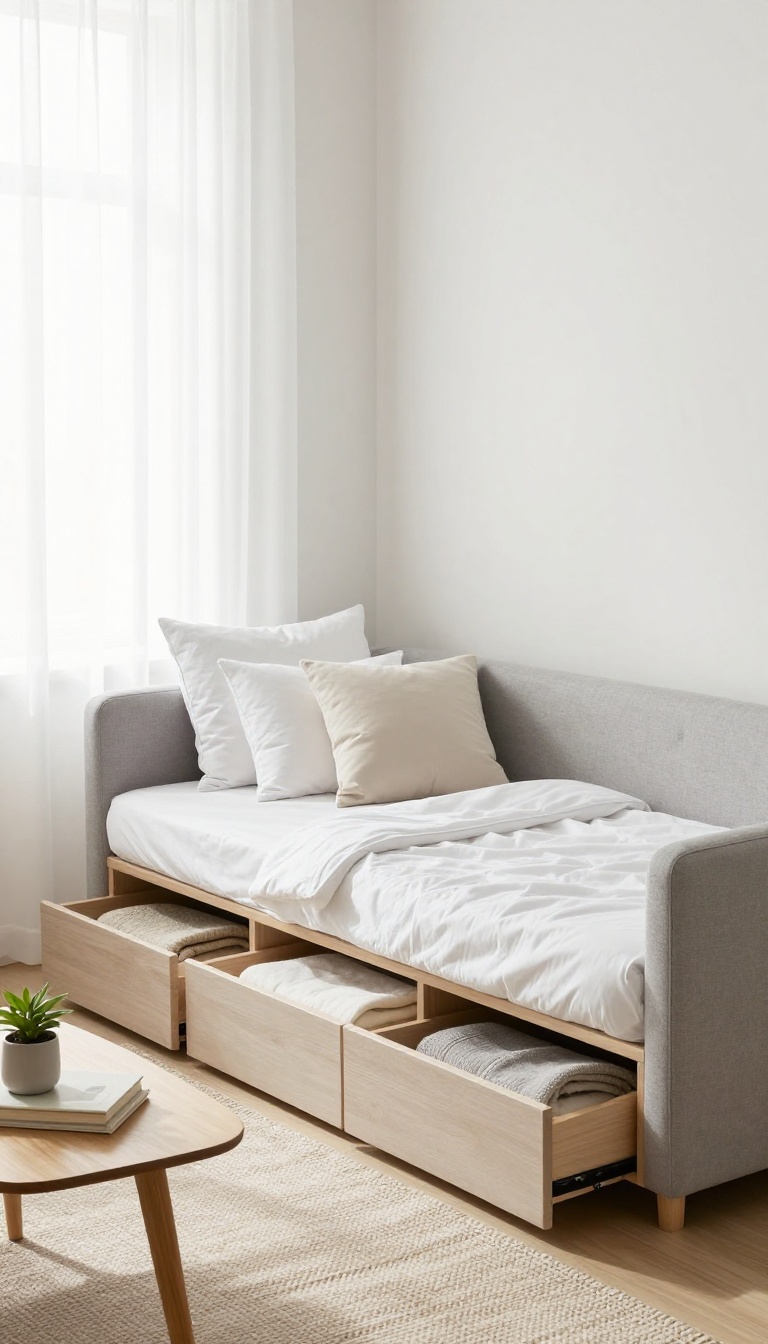 Corner sofa bed with built-in storage in a bright living room, showcasing a cozy guest setup with hidden bedding.