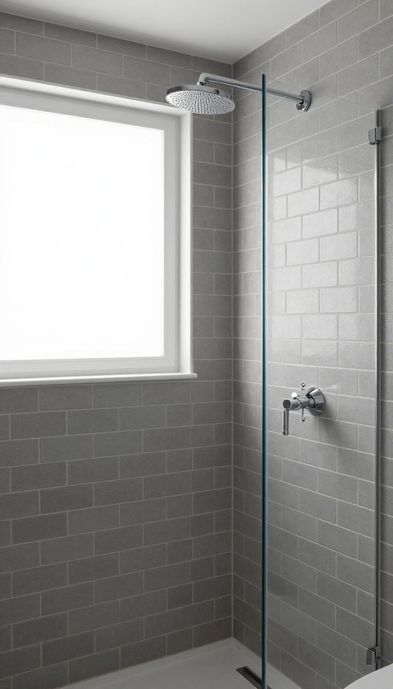Bright bathroom shower with oversized grey subway tiles in a brick-lay pattern, soft natural light, and a modern rain showerhead