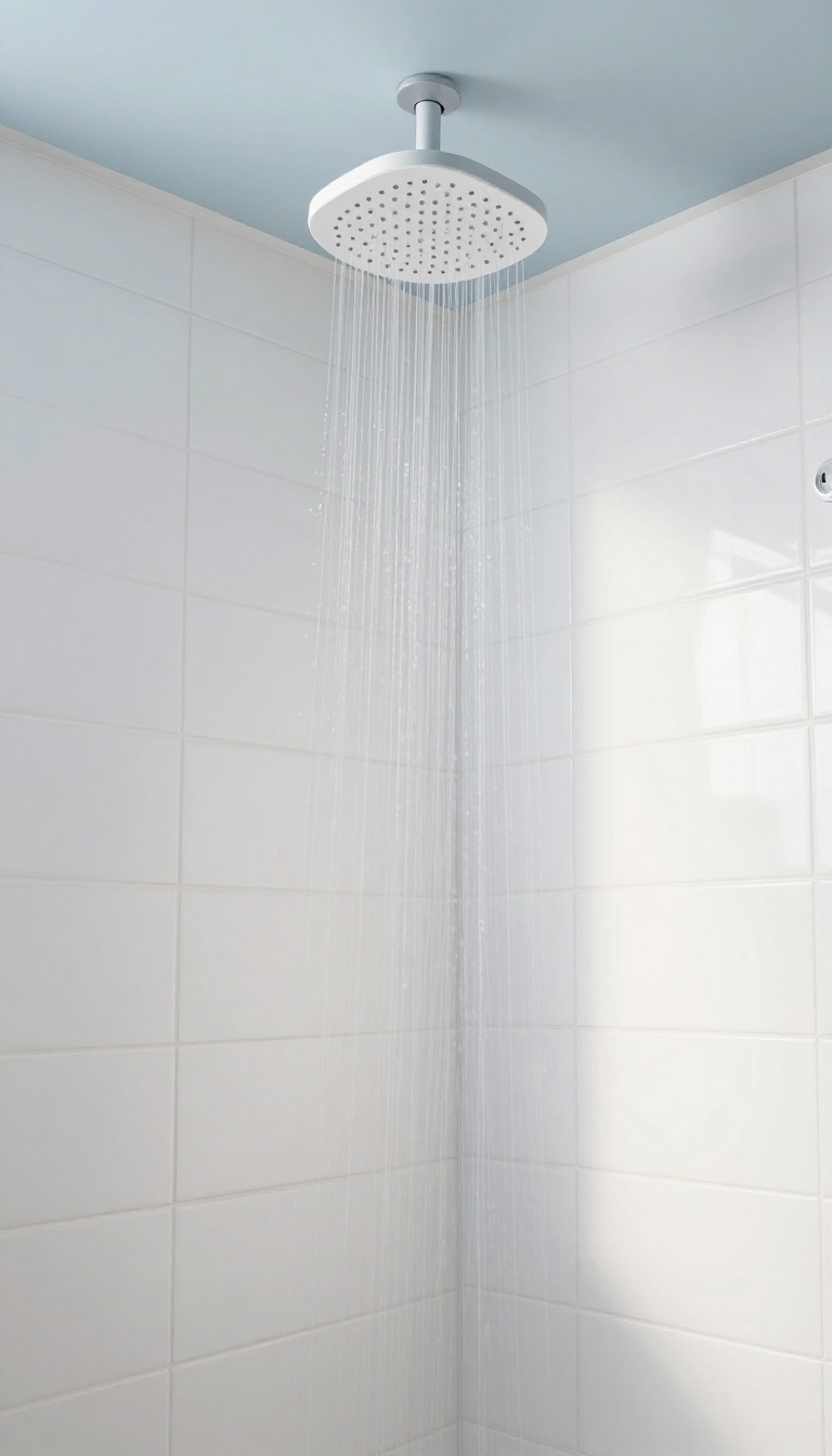 High-gloss white shower ceiling with a subtle blue-gray tint, reflecting light in a modern bathroom