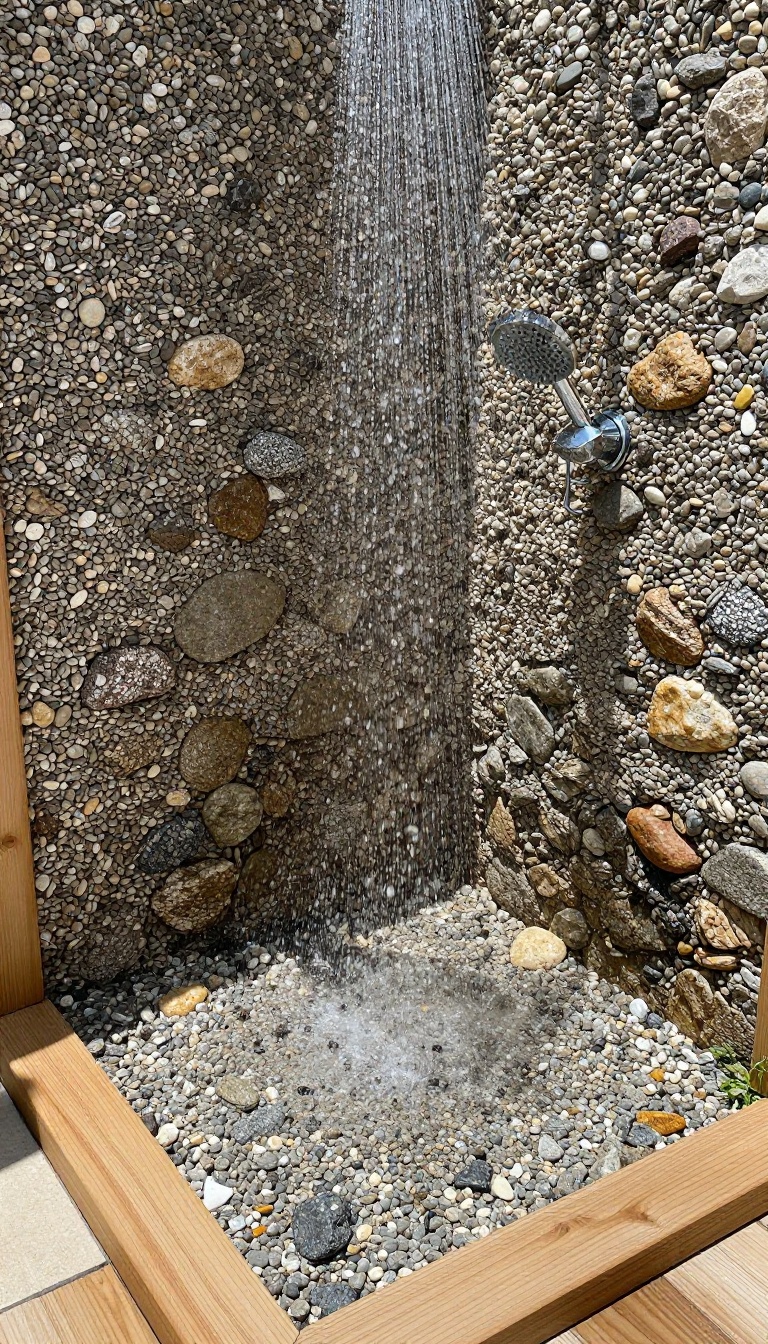 Outdoor shower with pea gravel floor and wooden border