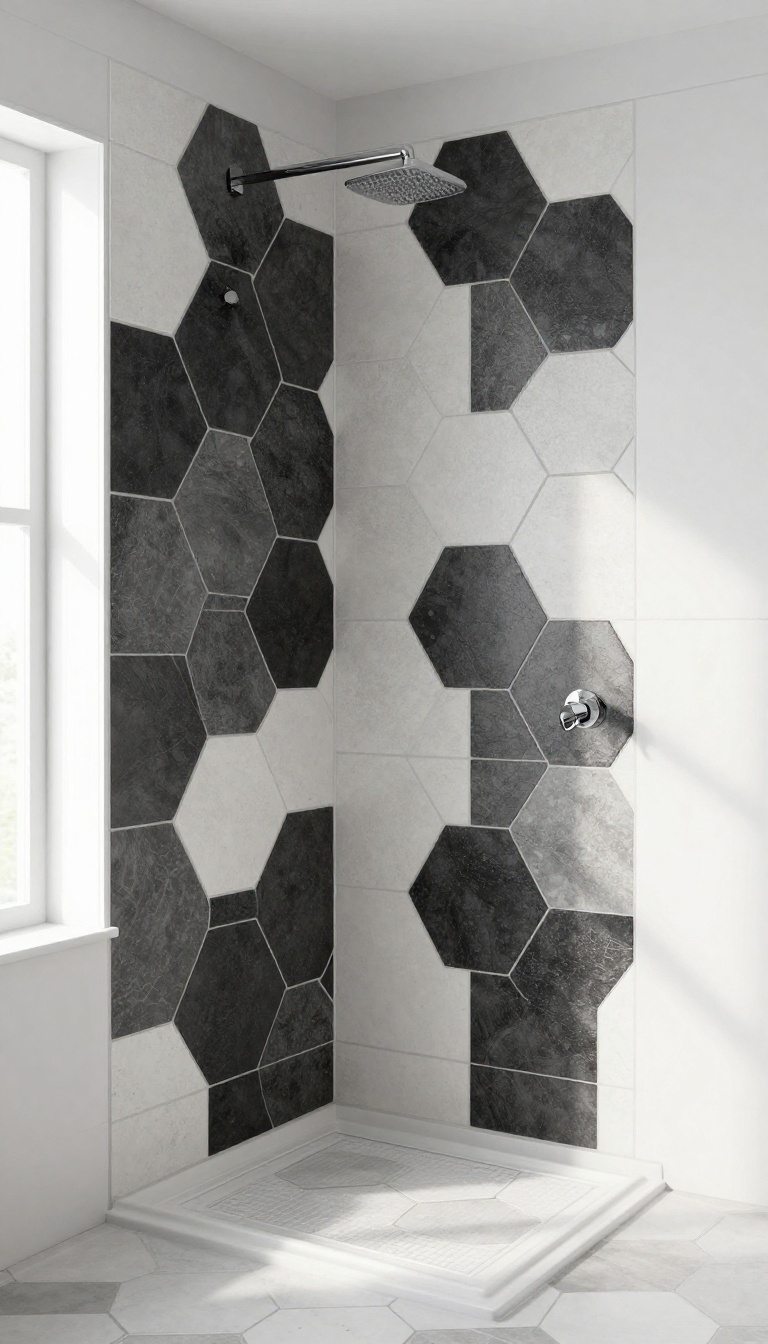 Modern bathroom shower with black and white hexagonal tiles in a honeycomb pattern, creating a graphic and playful contrast in a bright, clean space.