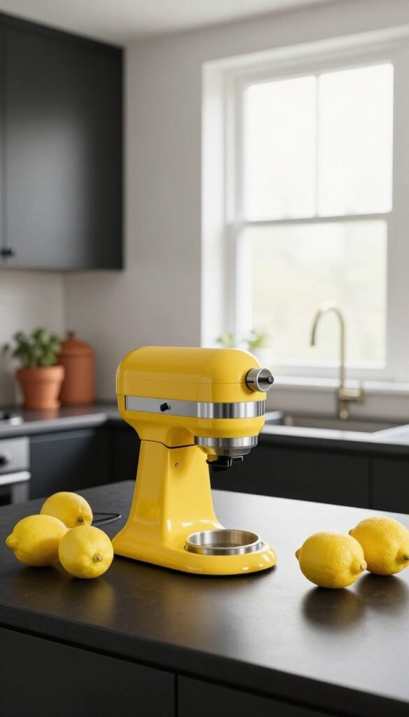 Black kitchen cabinets with a mustard yellow stand mixer and lemons on the countertop