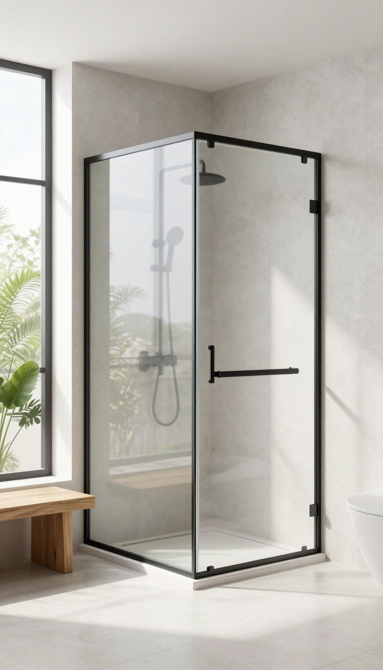 Modern bathroom with a frameless fixed glass shower panel and walk-in opening, spa-like ambiance, natural light, stone tiles, wooden bench, and plants.