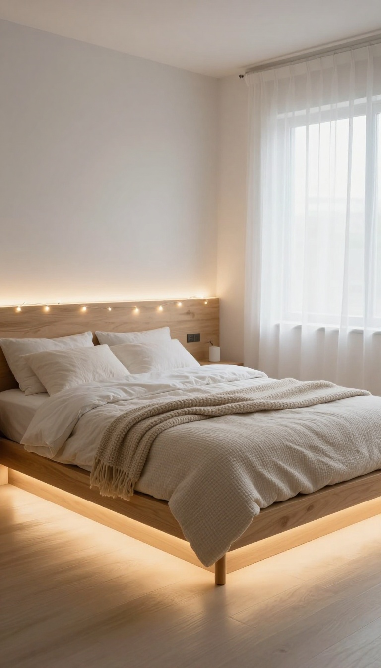 Cozy bedroom with under-bed LED glow and fairy lights, creating a floating bed effect.