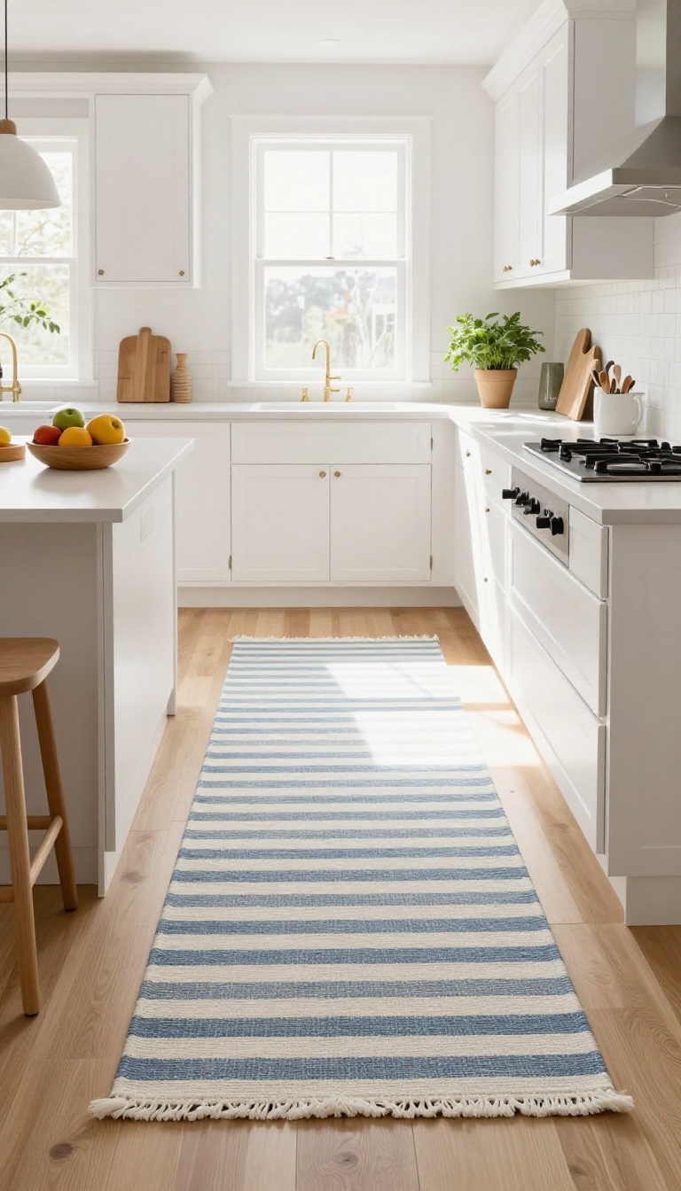 Classic blue and white striped runner rug in a bright kitchen with white cabinets and wood floor