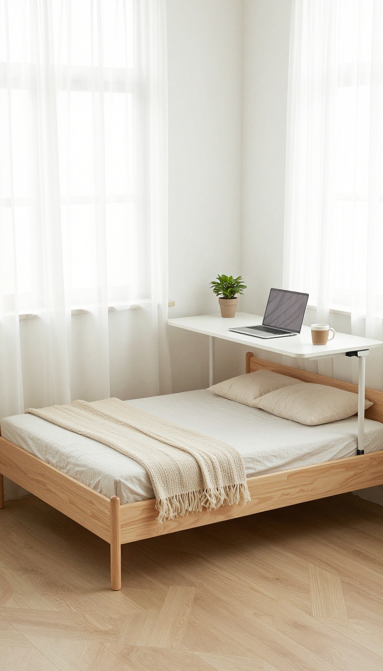 Guest room office combo with a daybed and a fold-down table in a bright, cozy setting