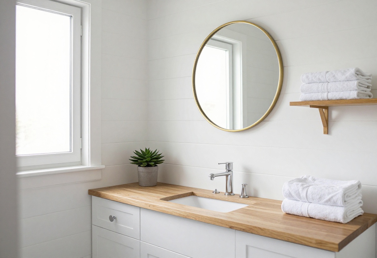 A polished guest bathroom with a wooden countertop, round mirror, and a small succulent, showcasing a clean and inviting design.