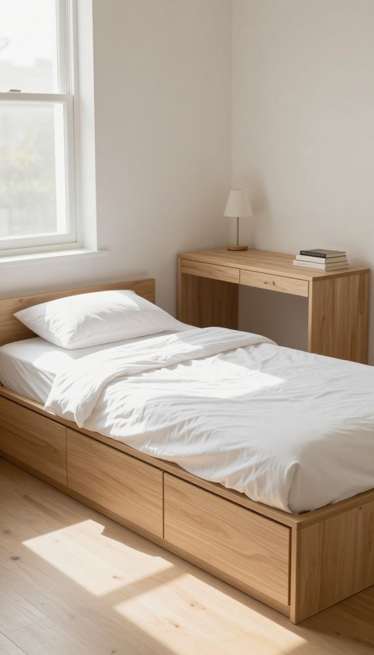 Small guest bedroom with a bed featuring built-in storage drawers, a nightstand that doubles as a desk, and a storage bench, showcasing multi-functional furniture in a bright, airy space.