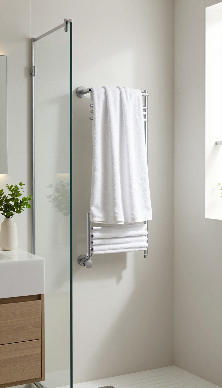 Small modern bathroom with a wall-mounted towel warmer holding a white towel near a walk-in shower, bright natural light, minimalist spa-like design.