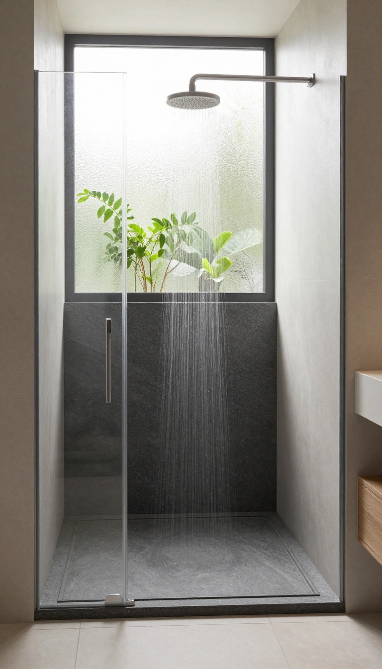 Modern bathroom with a matte charcoal stone resin shower tray, seamlessly integrated into tiled floor, featuring a glass partition and rainfall showerhead.