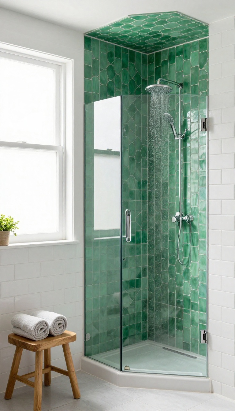 Bathroom with an emerald green hexagonal tile accent wall above the shower
