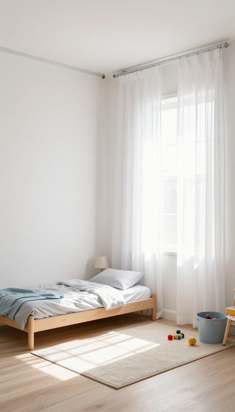 Small boy's bedroom with ceiling-mounted curtains dividing play and sleep areas