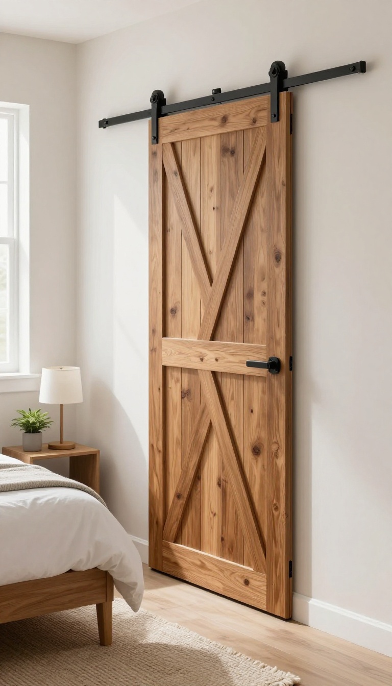 Small bedroom with a sliding barn door on a track, rustic wood door, cozy decor, bright natural light