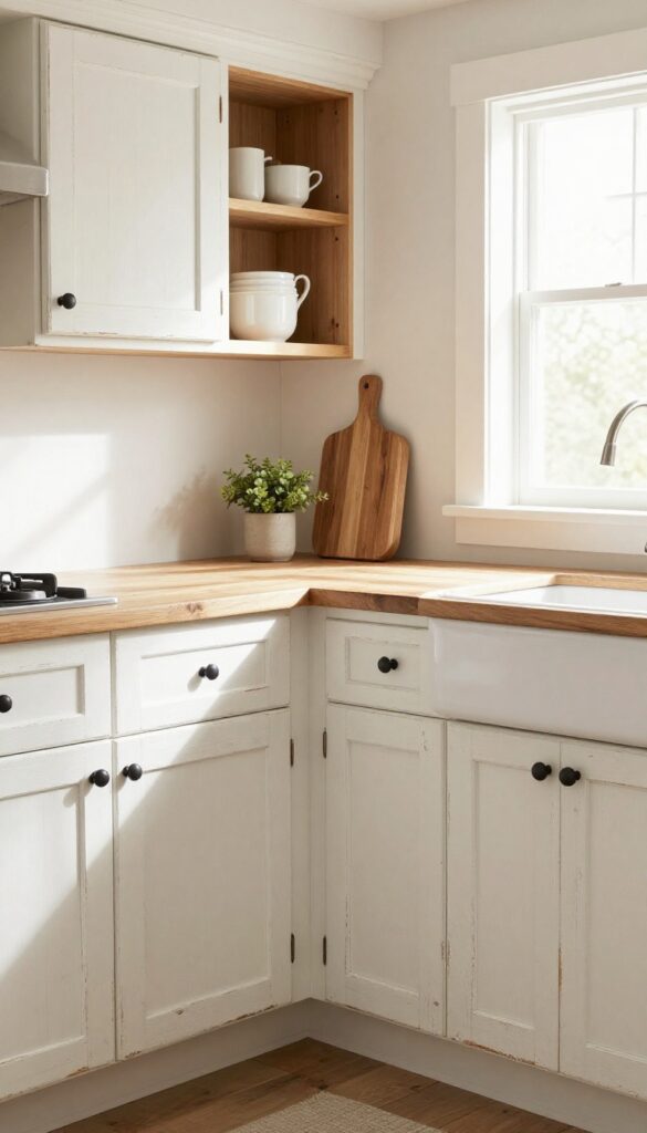 Distressed white kitchen cabinets with black hardware and open wooden shelves in a bright farmhouse-style kitchen