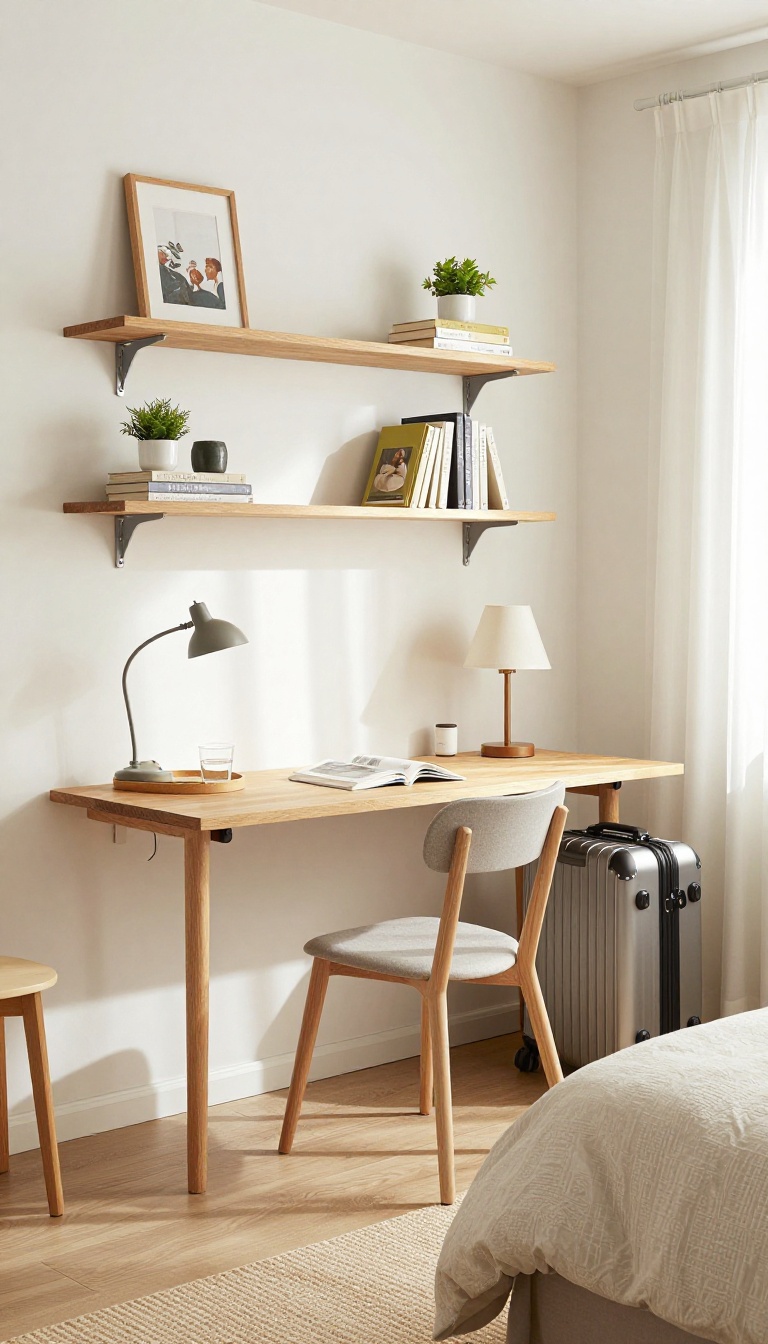 Guest room with wall-mounted desk and floating shelves styled for guests