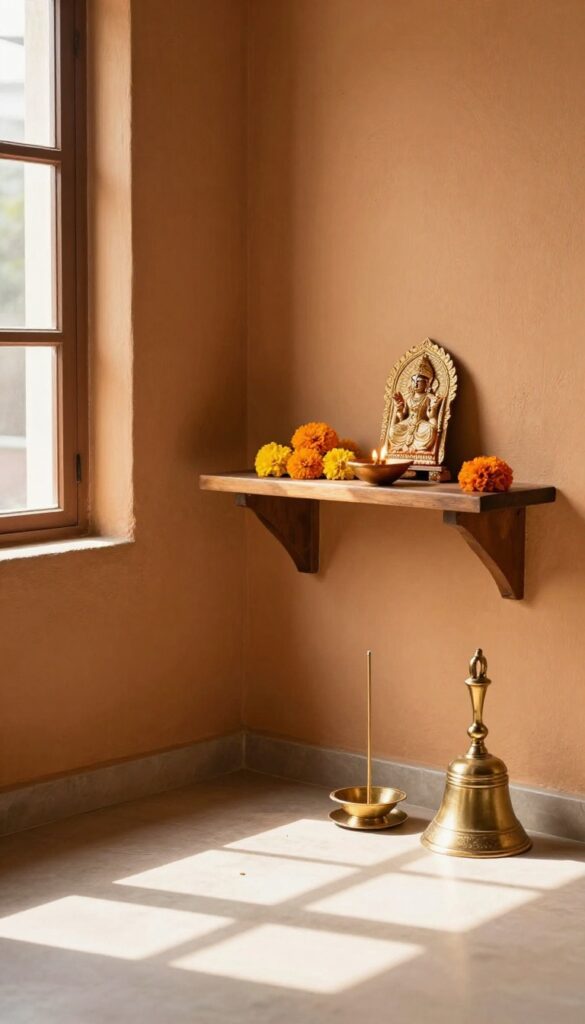 Traditional Indian kitchen pooja corner with brass diya, deity idol, and marigold flowers on a wooden shelf