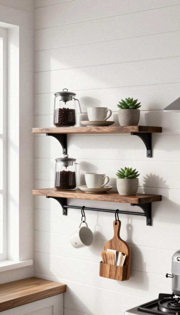 Wall-mounted shelf coffee bar in a narrow kitchen with espresso machine and mugs