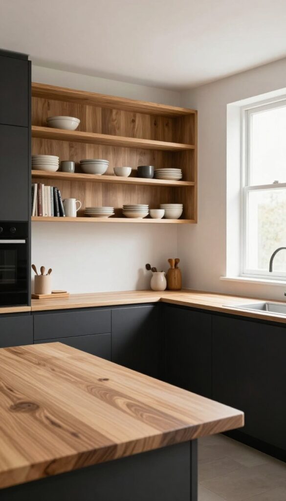 Black kitchen cabinets paired with warm wood open shelves and butcher-block countertop in a bright, modern kitchen