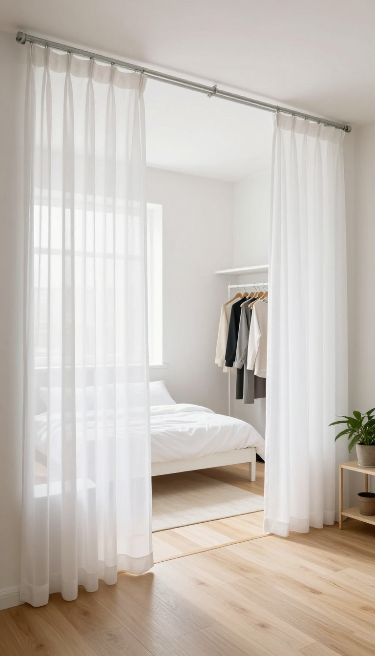 Small bedroom with a sheer curtain as a room divider, creating a sleeping nook and a dressing area.