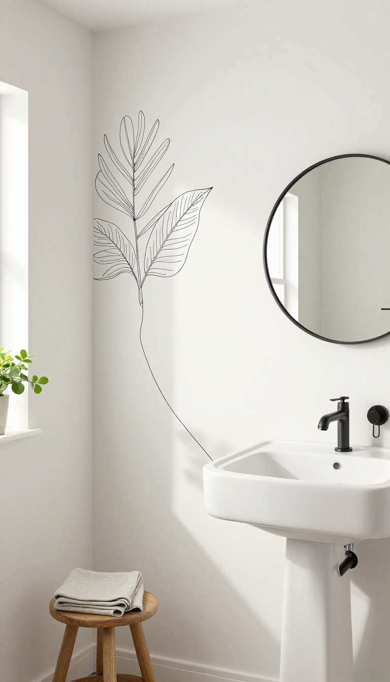 Guest bathroom with minimalist line art wallpaper featuring a black botanical sketch on white, paired with modern fixtures and natural textures.